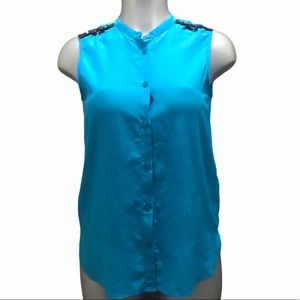 Sleeveless Blouse Top Button Down Teal Blue Office/Career Layering Light blue